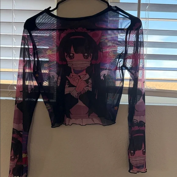 ROMWE Black and Pink Sheer anime Crop Top - Picture 2 of 8